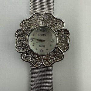 3/$30 Studio Time Watch Women Silver Tone Rhinestone Flower Case New Battery
